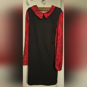 Red and black midi dress.